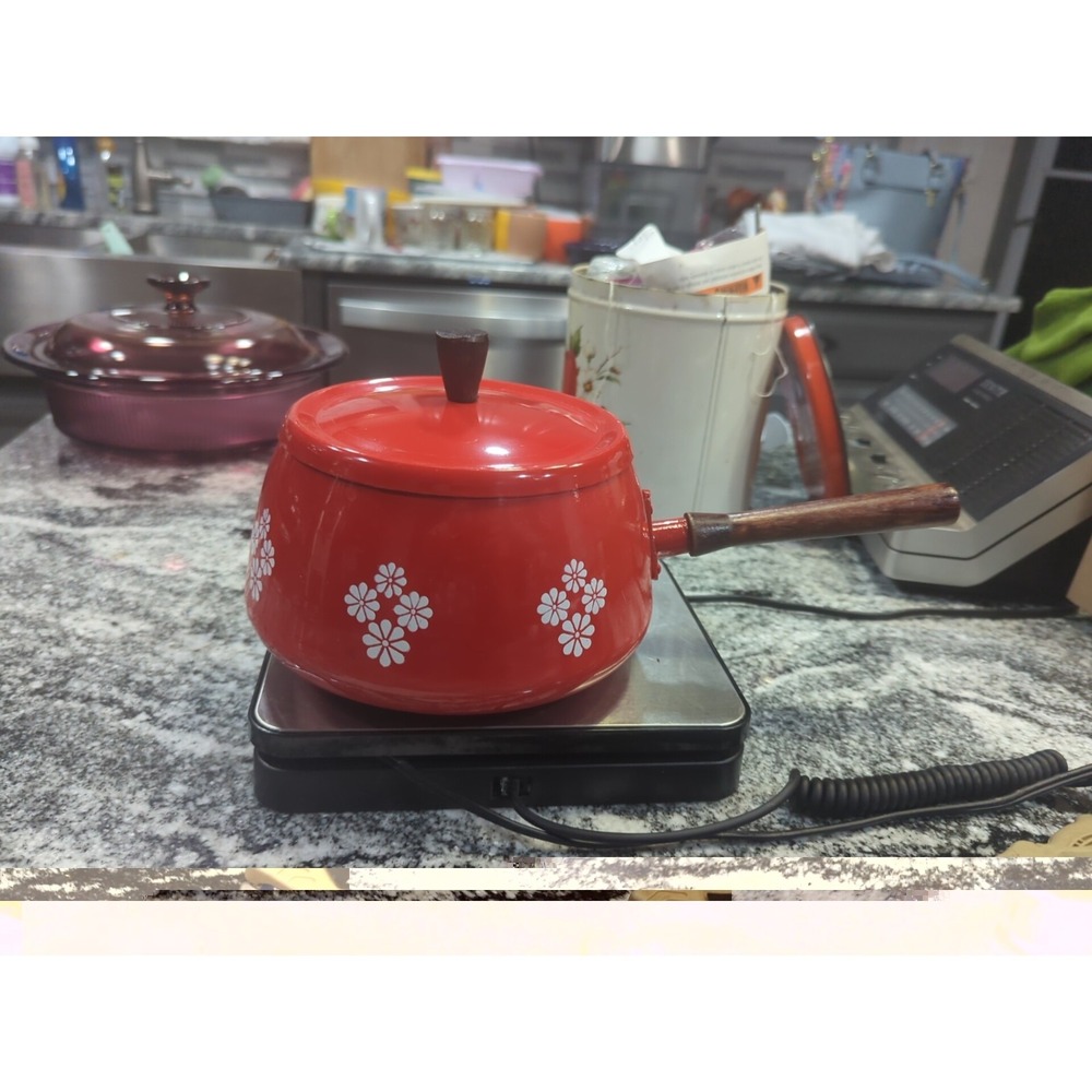 Vintage Red Enamel Wood Handle Fondue Pot MCM Flower Power